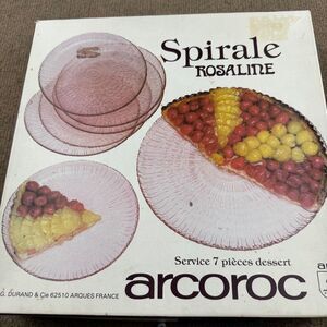Vintage Arcoroc Spirale Roseline 7 pc Dessert Set In Box